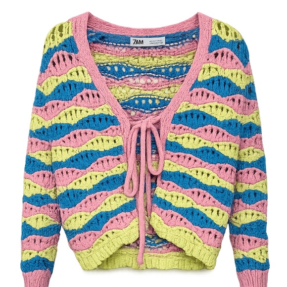 Zara Sweaters - Zara Pink Blue Yellow Crochet Openwork Tie-Front V-Neck Sweater